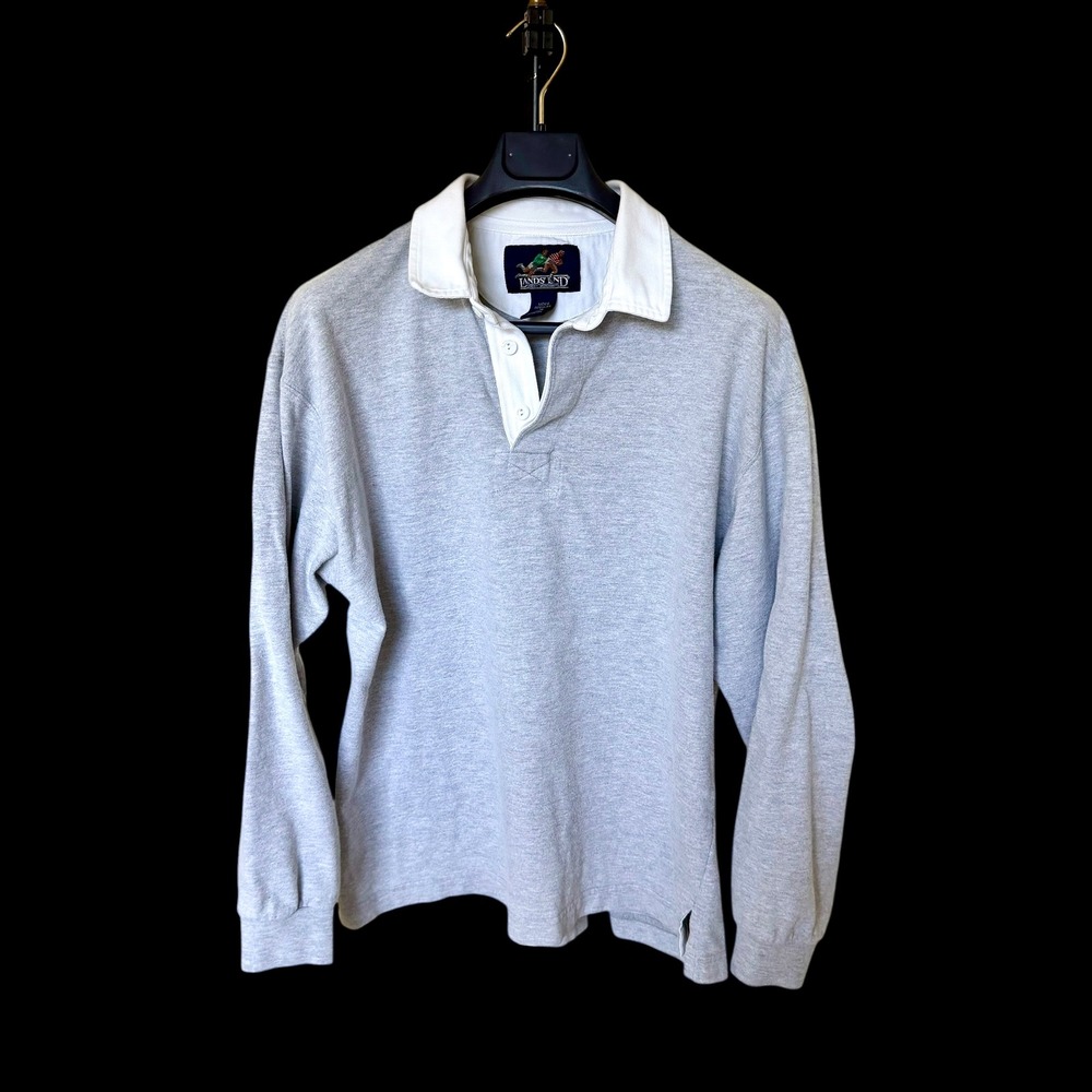 80's Lands End Gray Long Sleeve Rugby Shirt Cotton Jersey Polo M 38-40